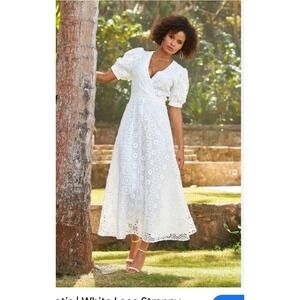Boston Proper white eyelet puff sleeve v neck‎ midi dress size 12 new with tags